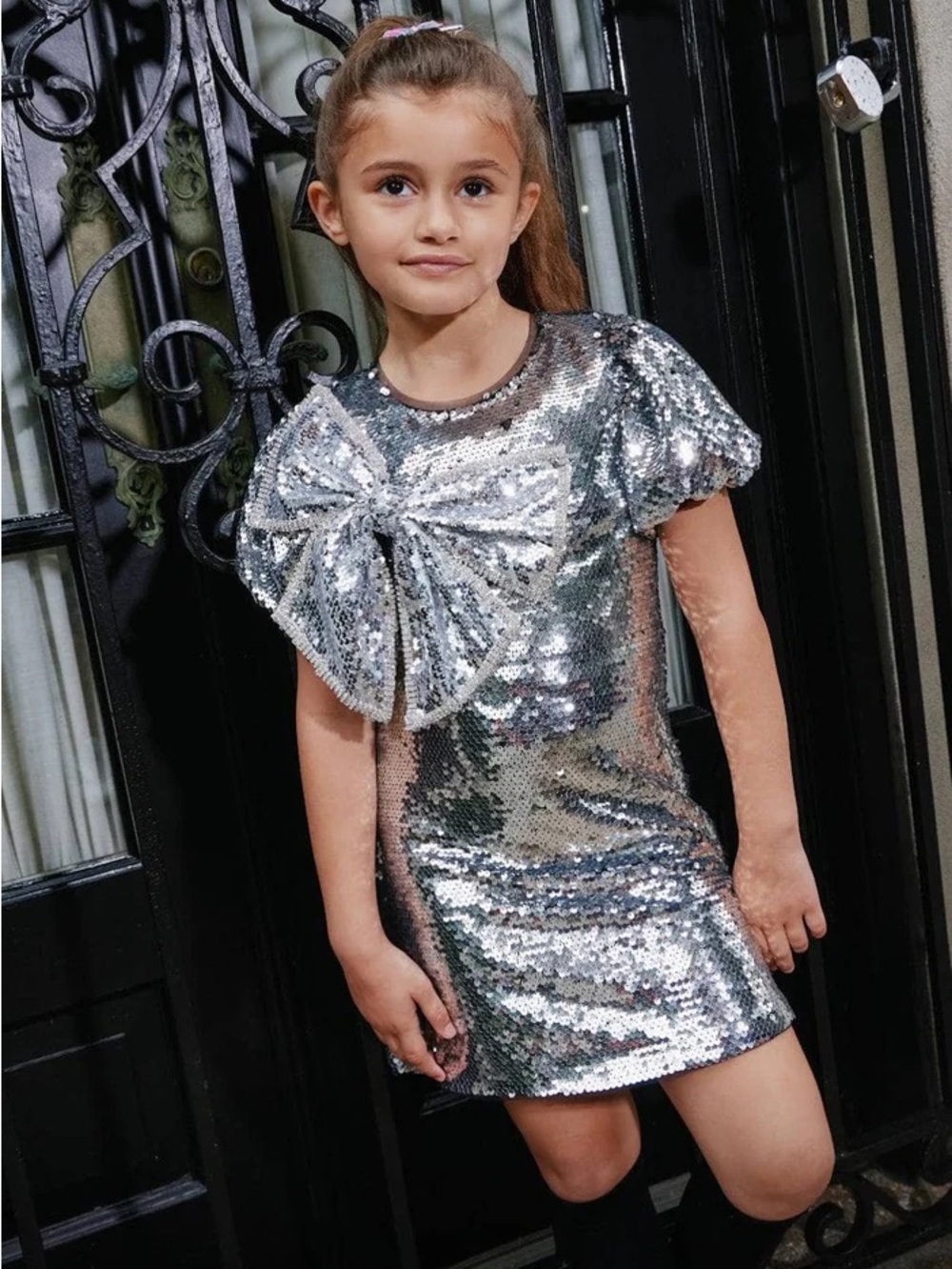 Lola and the boys Sparkling Silver Sequin Bow Dress